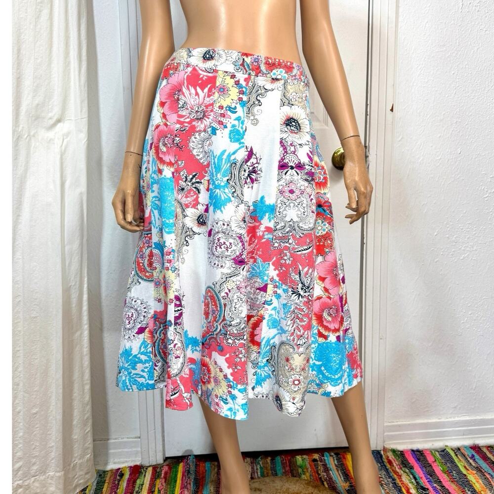 Floral Paisley Linen Blend Midi Skirt M Feminine Summer Modest